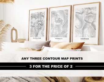 Contour Map Print Set x3 - Money Saving Offer - Three for Two - Any Mountains/Peaks - Contour Map - Topographic Map - Custom Text Options