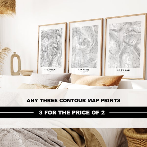 Contour Map Print Set x3 - Money Saving Offer - Three for Two - Any Mountains/Peaks - Contour Map - Topographic Map - Custom Text Options