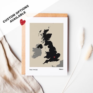 Scheda mappa personalizzata, qualsiasi paese - testo personalizzato/posizione del cuore - vuoto all'interno o con messaggio - busta inclusa - anniversario - matrimonio