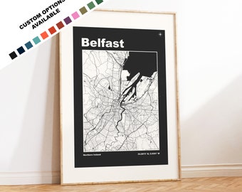 Impression de carte de Belfast - Options/couleurs personnalisées disponibles - Impressions ou impressions encadrées - Belfast, Irlande du Nord - Texte personnalisé pour cadeau