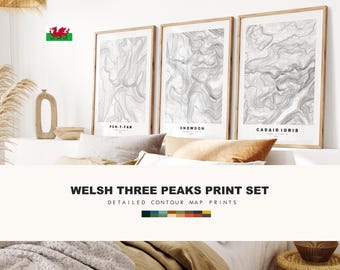 Welsh Three Peaks Print Set x3 - Snowdon - Pen Y Fan - Cadair Idris - Contour Maps - Wales Three Peaks - Yr Wyddfa - Penygader