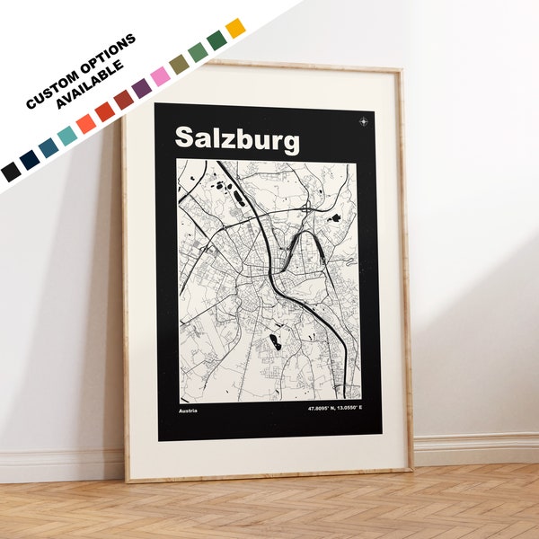 Salzburg Map Print - Print, Framed or on Canvas - Salzburg Poster - Salzburg Austria - Custom Text Options - Map Wall Art - Gift