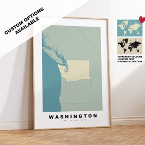 Kaart afdruk staat Washington - gepersonaliseerd kaartcadeau - ingelijste of canvas opties beschikbaar - aangepaste tekstopties - gepersonaliseerd cadeau