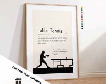 Puede incluir: Una ilustración en blanco y negro de un jugador de tenis de mesa con una raqueta de tenis de mesa y una mesa de tenis de mesa. El texto "Table Tennis" está en la parte superior de la imagen. El texto "El juego del tenis de mesa nos enseña que con un pensamiento rápido y acciones precisas, podemos convertir cualquier situación a nuestro favor." está en la parte inferior de la imagen.