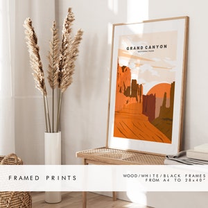 Pode incluir: Uma impress&atilde;o emoldurada de uma ilustra&ccedil;&atilde;o minimalista do Parque Nacional do Grand Canyon. A impress&atilde;o est&aacute; em uma moldura de madeira com um passe-partout branco. A impress&atilde;o est&aacute; em um banco de madeira com um vaso de grama de pampas seca.