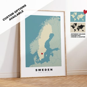 Impression de carte de la Suède - Cadeau de carte personnalisé - Options encadrées ou sur toile disponibles - Options de texte personnalisées - Cadeau personnalisé