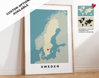 Sweden Map Print - Personalised Map Gift - Framed or Canvas Options Available - Custom Text Options - Personalised Gift