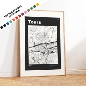Impresión de mapas de Tours - Impresión, enmarcada o sobre lienzo - Impresiones o impresiones enmarcadas - Tours, Francia - Opciones de texto personalizadas - Mapas de ciudades de Francia