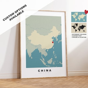 Impression de carte de Chine - Cadeau carte personnalisé - Options encadrées ou toile disponibles - Options de texte personnalisées - Cadeau personnalisé