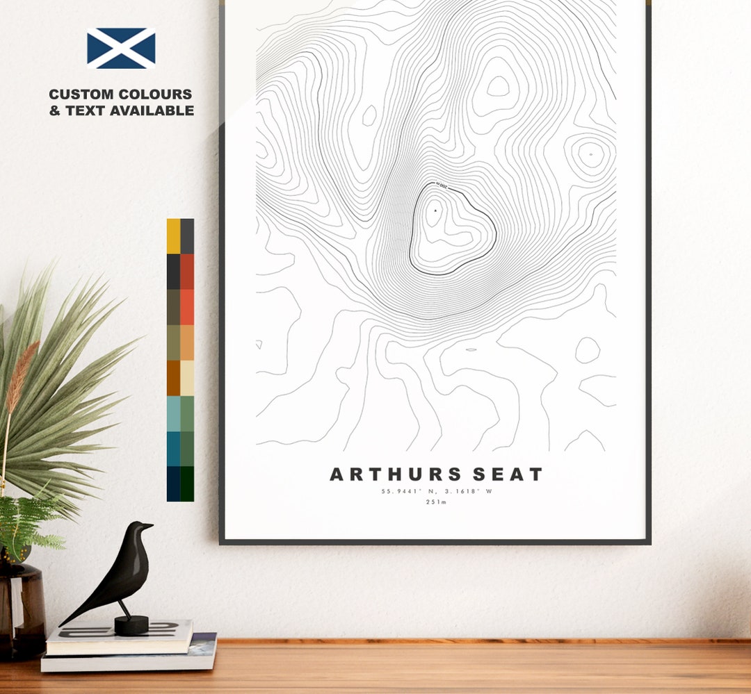Topography Seating Arthurs Seat Print - Contour Map - Arthurs Seat Poster - Scotland ...