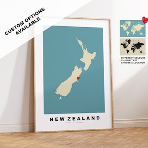 New Zealand Map Print - Personalised Map Gift - Vintage Style - Anniversary - Wedding - Honeymoon - Holiday - Gift - Map