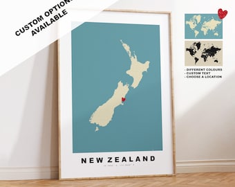 New Zealand Map Print - Personalised Map Gift - Vintage Style - Anniversary - Wedding - Honeymoon - Holiday - Gift - Map