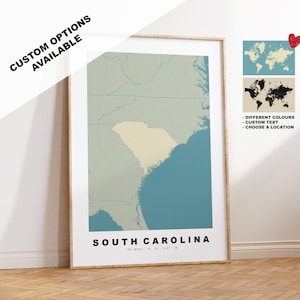 Stampa mappa della Carolina del Sud - Regalo mappa personalizzato - Opzioni incorniciate o su tela disponibili - Opzioni testo personalizzate - Regalo personalizzato