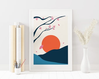 Minimalist Japanese Art - Sakura Blossom -  Mountain Art, Mid Century Modern, Mid Century Art Print, Modern Wall Art - Sakura Tree