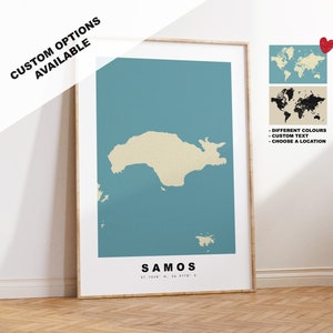 Samos Kartendruck - Personalisiertes Kartengeschenk - Rahmen- oder Leinwandoptionen verfügbar - Benutzerdefinierte Textoptionen - Personalisiertes Geschenk