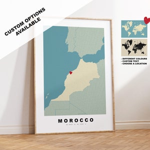 Impression de carte du Maroc - Cadeau de carte personnalisé - Options de cadre ou de toile disponibles - Options de texte personnalisées - Cadeau personnalisé