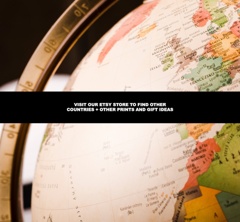 May include: A vintage globe with a brown wooden stand. The globe is a light beige color with a map of the world printed on it. The map is in various colors, including red, green, yellow, and blue. The globe is tilted at an angle, and the text "VISIT OUR ETSY STORE TO FIND OTHER COUNTRIES + OTHER PRINTS AND GIFT IDEAS" is visible at the bottom of the image.