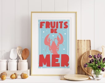 Fruits de Mer - Kitchen Print - Kitchen Wall Art - French - France - Seafood - Kitchen Poster - Green - Foodie Gift - Food Lover - Vintage