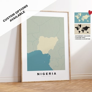 Nigeria Map Print - Personalised Map Gift - Framed or Canvas Options Available - Custom Text Options - Personalised Gift