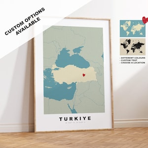 Türkei Kartendruck - Personalisiertes Kartengeschenk - Rahmen- oder Leinwandoptionen verfügbar - Benutzerdefinierte Textoptionen - Personalisiertes Geschenk