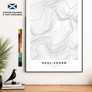 Print Geal Charn - contourkaart - poster Geal Charn (Elzen) - Schotland - topografische kaart - print - muurkunst - kaart Geal-Chàrn