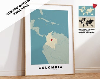 Colombia Map Print - Personalised Map Gift - Framed or Canvas Options Available - Custom Text Options - Personalised Gift