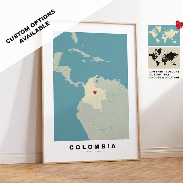 Kolumbien-Karte drucken – personalisiertes Kartengeschenk – gerahmte oder Leinwandoptionen verfügbar – individuelle Textoptionen – personalisiertes Geschenk