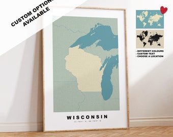 Wisconsin Map Print - Personalised Map Gift - Framed or Canvas Options Available - Custom Text Options - Personalised Gift
