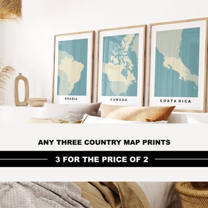 Juego de 3 impresiones de mapas de países: oferta para ahorrar dinero: tres por dos, opciones de texto personalizadas, tres países, estilo de mapa azul/crema o vintage
