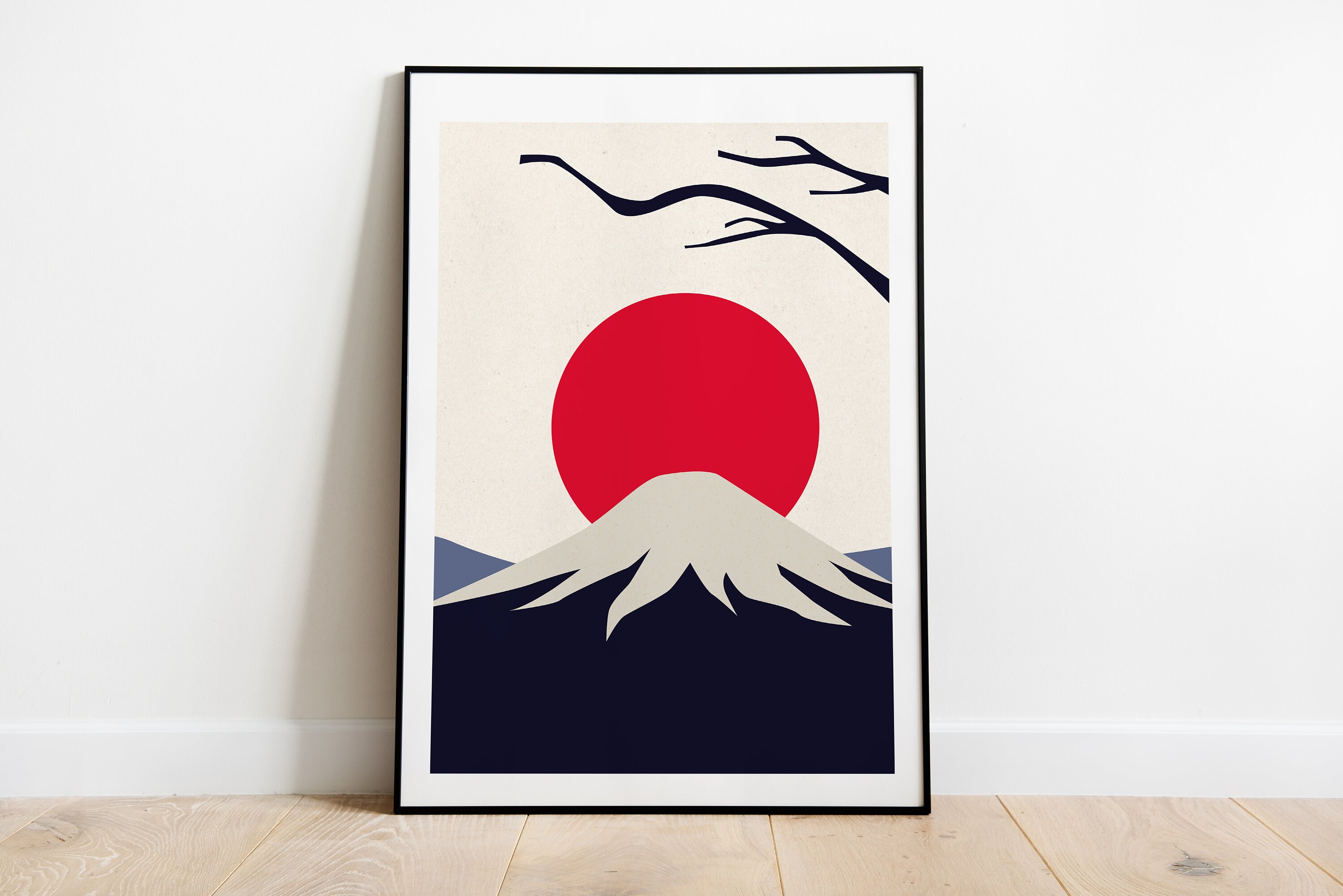 Minimalist Fuji Japanese Art - Modern Wall Art, Blue Orange