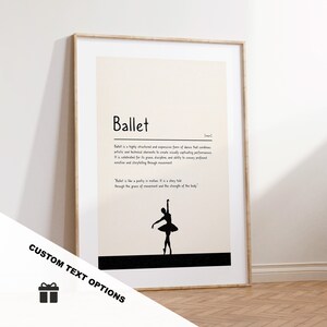 Puede incluir: Una impresión de arte imprimible con una silueta negra de una bailarina en un tutú blanco. La impresión presenta la palabra "Ballet" en texto negro y una definición de la palabra. El fondo es de color beige claro.