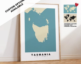 Tasmania Map Print - Personalised Map Gift - Framed or Canvas Options Available - Custom Text Options - Personalised Gift