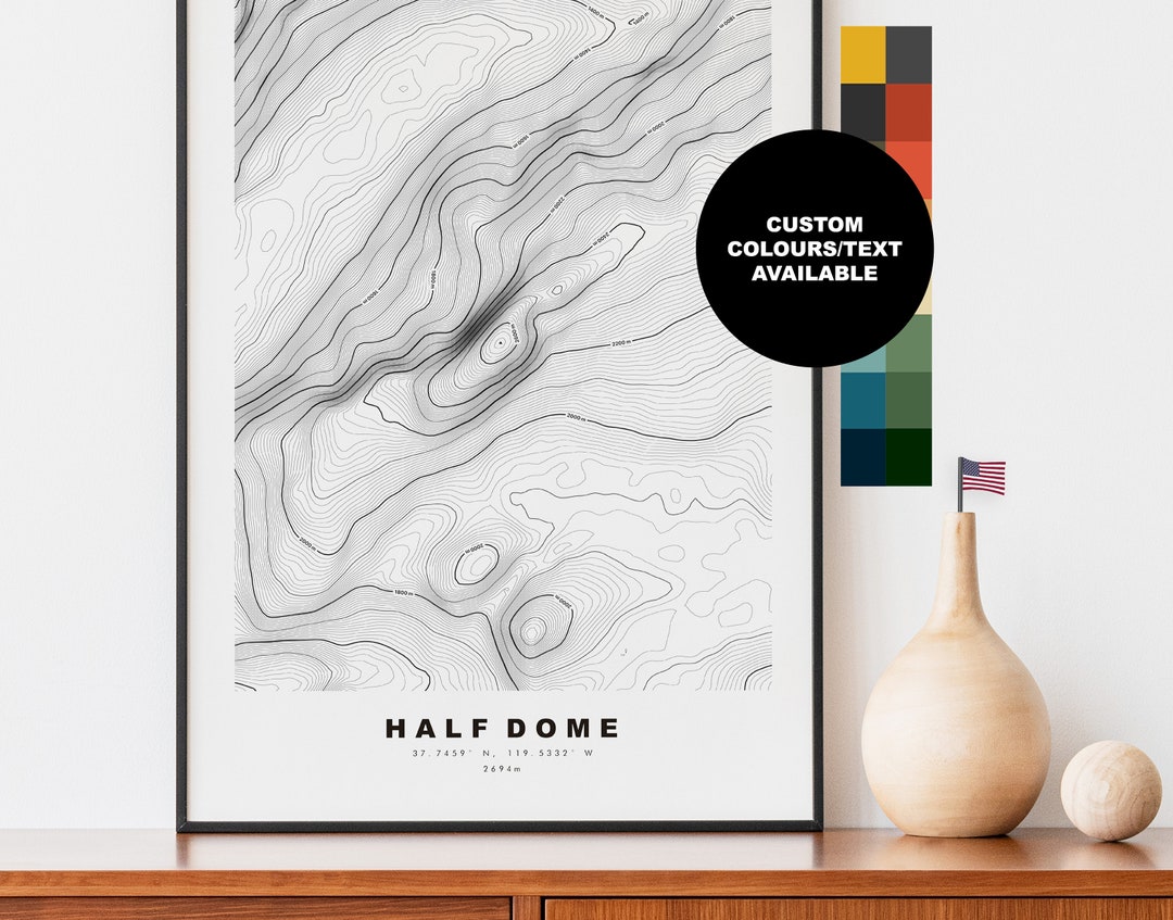 Half Dome Print Contour Map Print Topographic Map Print Wall Art Half