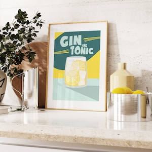 Impresión de gin tonic - Arte mural de cocina - Póster de cóctel gin tonic - Impresión de cocina de inspiración retro - Póster de cóctel retro - Impresión de ginebra