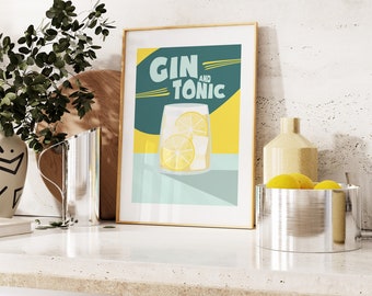 Gin and Tonic Print - Kitchen Wall Art - G&T Cocktail Poster - Retro Inspired Kitchen Print - Retro Cocktail Poster - Gin Print