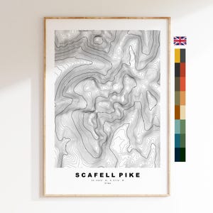Impression Scafell Pike - Carte des contours - Poster Scafell Pike - Région des lacs - Carte topographique - Impression - Art mural - Carte Scafell Pike - Topographie