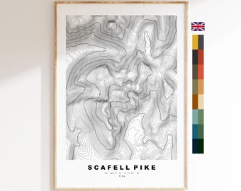 May include: A black and white topographic map print of Scafell Pike, the highest mountain in England, with the coordinates and elevation listed below the mountain name.
