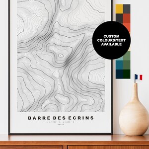 Barre des Ecrins Mapa - Las Alpes - Póster -  Topografía - Contorno - Imprimir