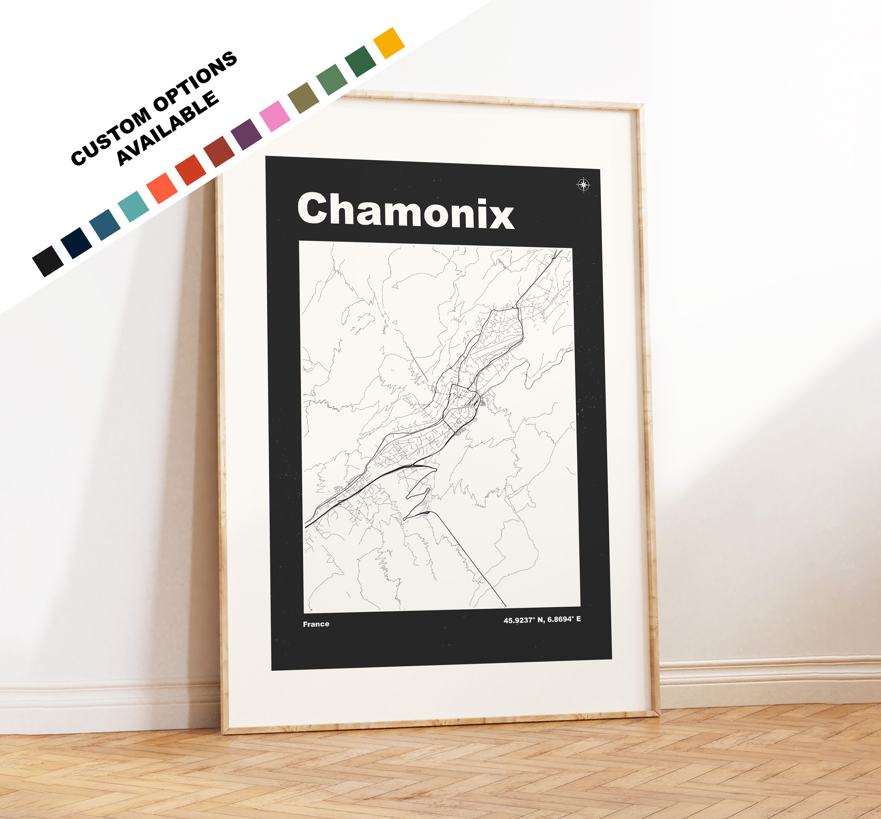 Chamonix Map Print - Print, Framed or on Canvas - Prints or Framed Prints - Chamonix, France - Custom Text Options - France City Maps