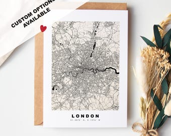 Cartão de felicitações com mapa de Londres - Opções personalizadas disponíveis - Cartão de felicitações com mapa personalizado - Papel cartão fosco - Envelope Kraft incluído