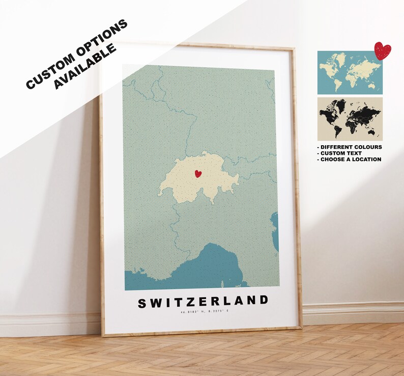 Switzerland Map Print - Personalised Map Gift - Vintage Style ...