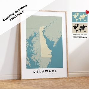 Delaware Map Print - Personalised Map Gift - Framed or Canvas Options Available - Custom Text Options - Personalised Gift