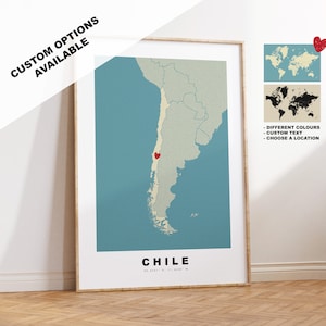 Chile Map Print - Personalised Map Gift - Framed or Canvas Options Available - Custom Text Options - Personalised Gift
