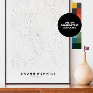Bronn Wennili-afdruk - contourkaart - kaart Brown Willy - topografische kaart - afdruk - poster - muurkunst - cadeau Bodmin Moor - kaart - topografie