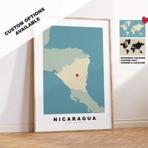 Nicaragua Kartendruck - Personalisierte Karte Geschenk - Rahmen- oder Leinwandoptionen verfügbar - Benutzerdefinierte Textoptionen - Personalisiertes Geschenk