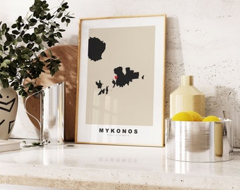 Mykonos Print - Custom Map Print - Personalised Text Gift Options - Frames/Canvas Options - Vintage Style Map Print