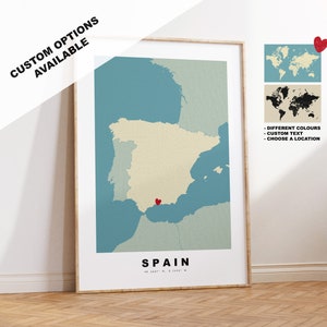 Spanien Kartendruck - Personalisiertes Kartengeschenk - Rahmen- oder Leinwandoptionen verfügbar - Benutzerdefinierte Textoptionen - Personalisiertes Geschenk