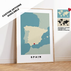 Spain Map Print - Personalised Map Gift - Framed or Canvas Options Available - Custom Text Options - Personalised Gift