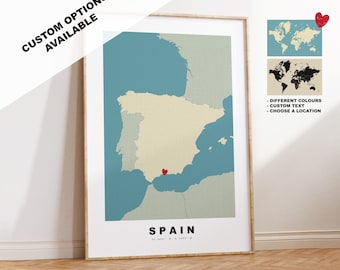 Impression de carte de l'Espagne - Cadeau carte personnalisé - Options encadrées ou sur toile disponibles - Options de texte personnalisées - Cadeau personnalisé