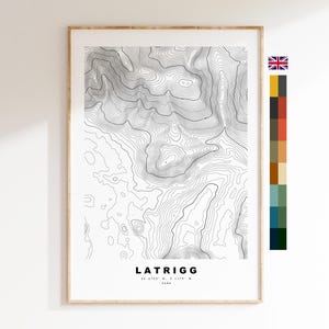 Latrigg-afdruk - contourkaart - kaart Latrigg Lake District - Lake District - topografische kaart - afdruk - poster - muurkunst - topografie
